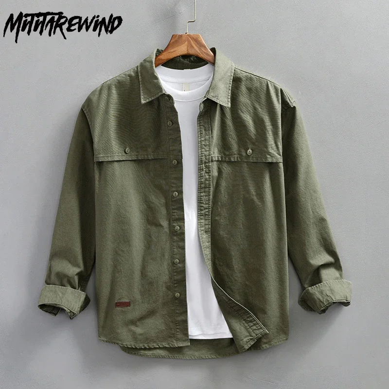 Spring Fall Men Shirts Japanese Loose Cargo Shirt Man Casual Pure Cotton Tops Lapel Long Sleeve Army Green Shirt Vintage Clothes