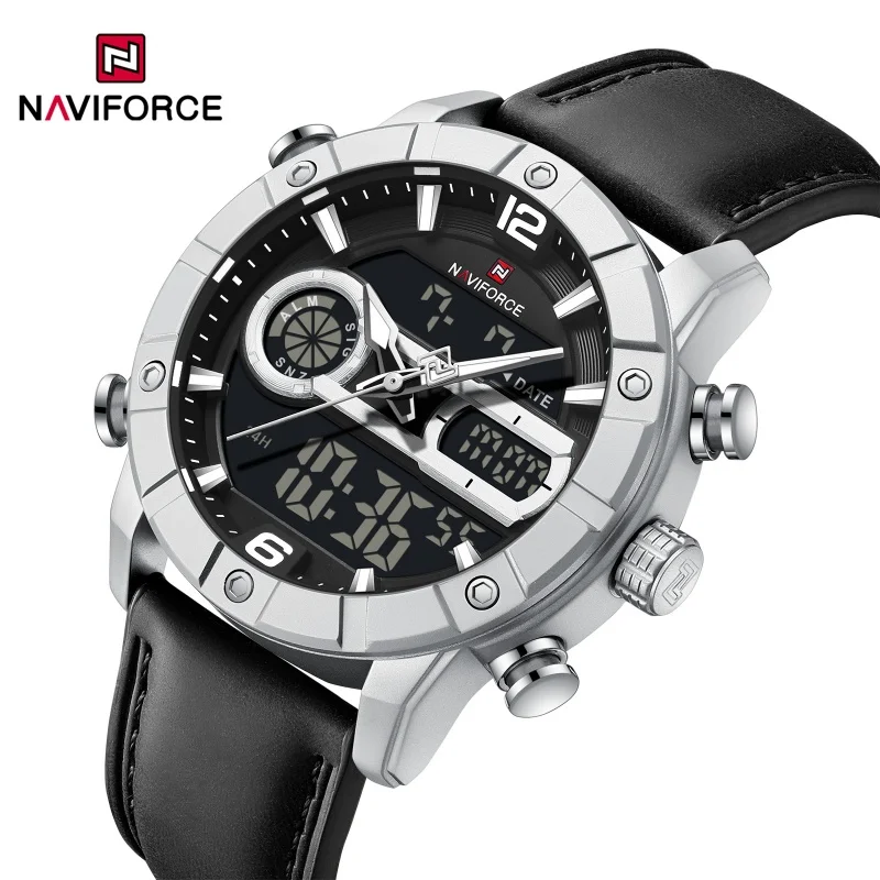 NAVIFORCE Men Dual Display Analog Digital Quartz Watch Genuine Leather 3ATM Waterproof Luminous Sport Wristwatch Gifts box
