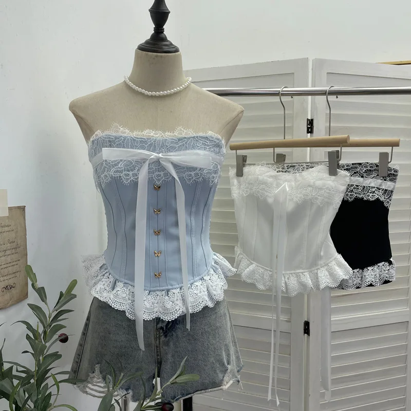 ISAROSE Royal Style Tops for Women Sweet Lace Patchwork Strapless Braless Back Stretch Slim Short Camisole with Ribbon Bow