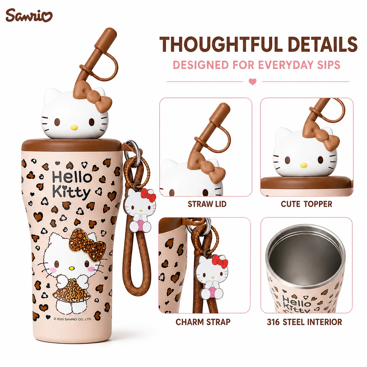 Sanrio 630ml Insulated Coffee Tumbler with Straw 316 Steel Travel Bottle Hello Kitty Sweet Piano Hot Cold Back to School Gift