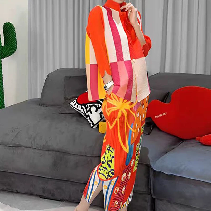 High end design sense, niche sunset orange top, irregular standing collar shirt, half skirt set, women's spring