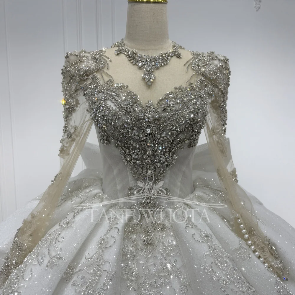 Luxury Wedding Dress With Long Sleeves Crystal Sequined Bow Keyhole Back O-Neck Lace-Up Ball Gown For Women