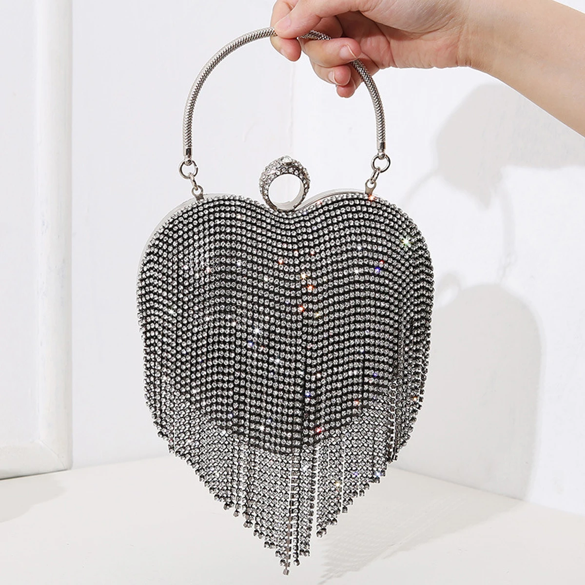 Rhinestone Evening Bag Heart Pattern Silver Handbag Womens Diamond Tassel Banquet Clutch And Purse Wedding Bridal Prom Wallets