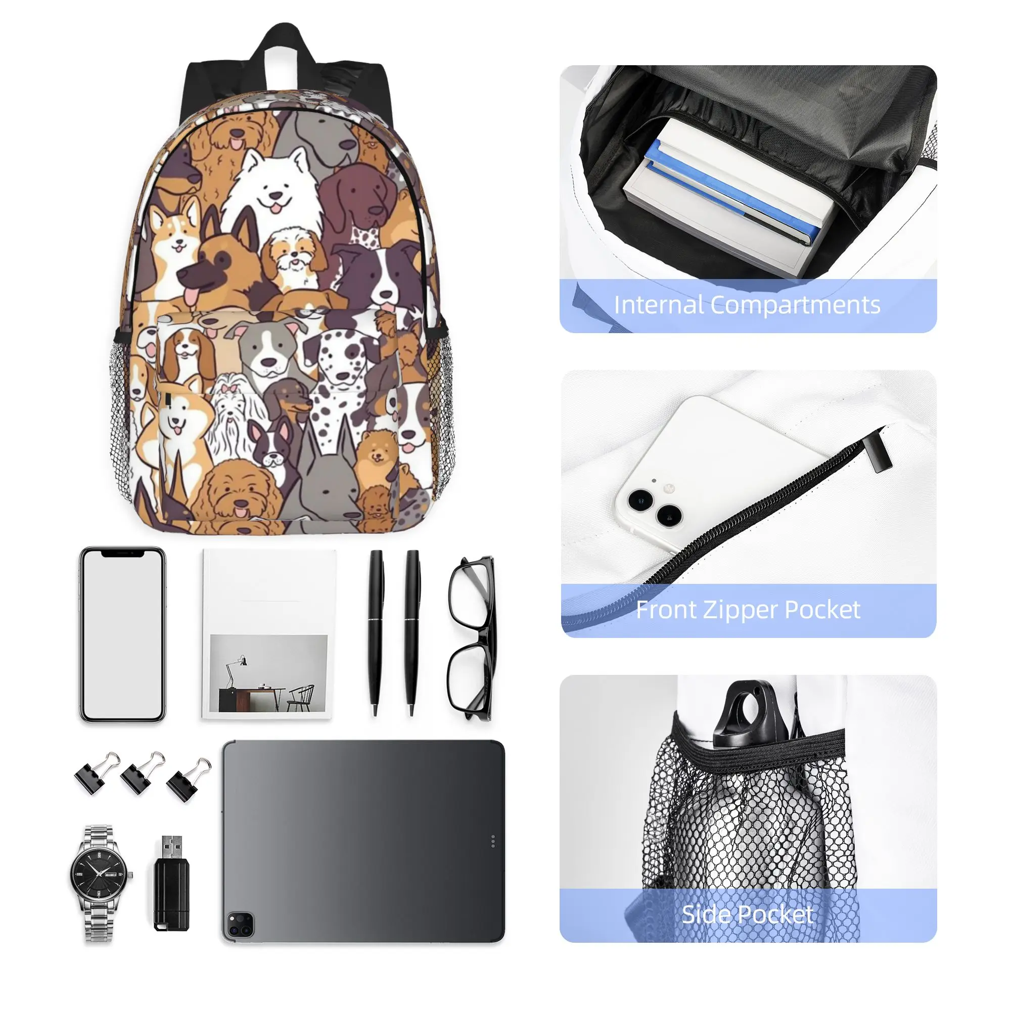 Various Small Dog Patterns Backpack Hot Sale Daypack Large Capacity Boys Girls BookBag Shoulder Bags for Men Women School Bag