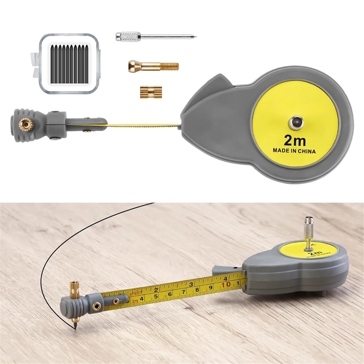 Rotating Tape Measure with 10 Pencil Leads Retractable Circle Drawing Tool for Lines and Arcs 6.56ft Measure Beam Comp