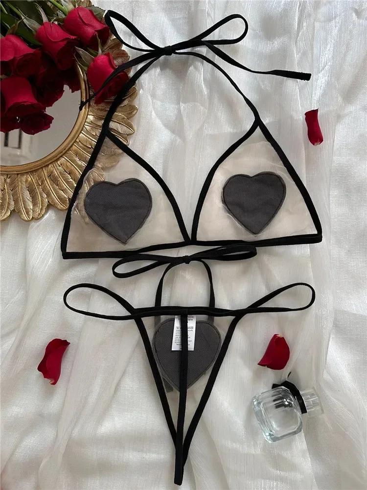 Sexy Bra Thong Sets for Women Heart-Shaped Transparent Halter Lingerie Mesh Lace Fairy Underwear Sensual See Through Exotic Sets