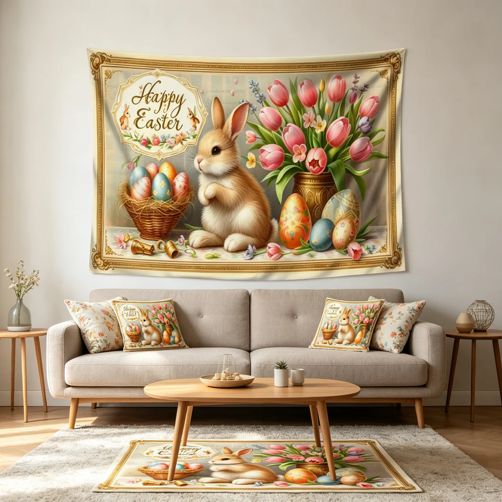 1PC Easter Bunny Tulip Eggs Oil Art Print Backdrop Banner, Bedroom Living Room Photo Background, Polyester, Home Decor, Wall Art
