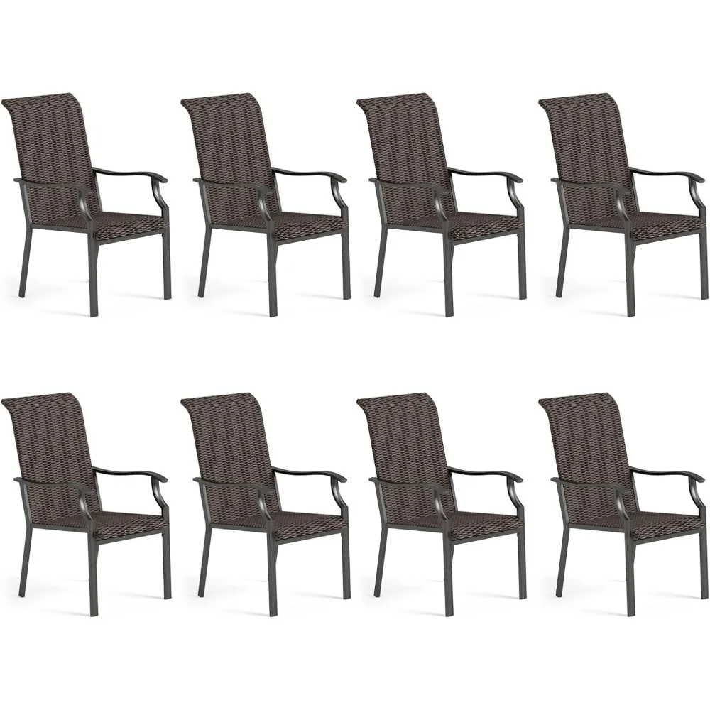 Patio Rattan Dining Chairs Set of 8, High-Back and All-Weather Wicker Dining Chairs with Oversized Seat,Metal Frame and Armrests