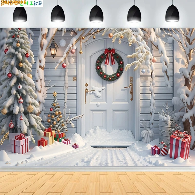 

Christmas Day Wreath Photography Backdrop Winter Family Party Snow New Year's Eve Holiday Gift Photo Studio Background HC-01