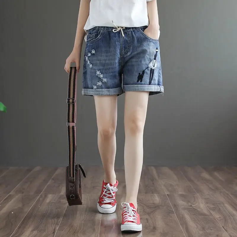 2025 Women's Embroidery Ripped Denim Shorts Spring Summer Vintage High Waist Summer Casual Streetwear Jeans Shorts