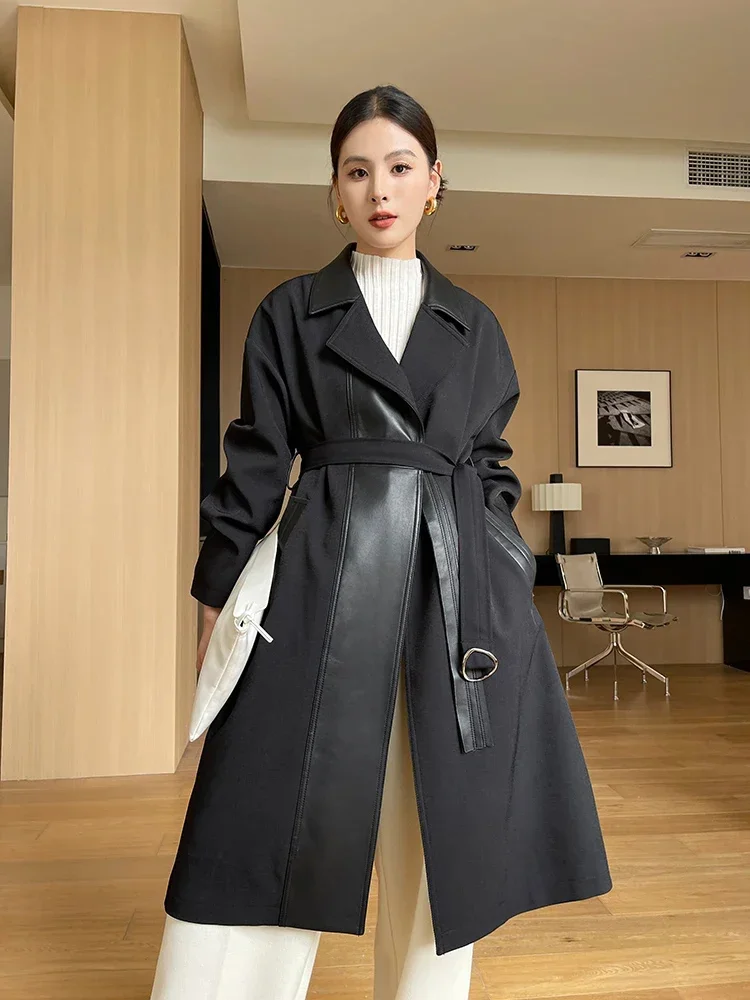 

Real Patchwork Sheepskin Women's Windbreaker Autumn Winter 2024 Trend Notched-collar Slim Belted Long Genuine Leather Jacket