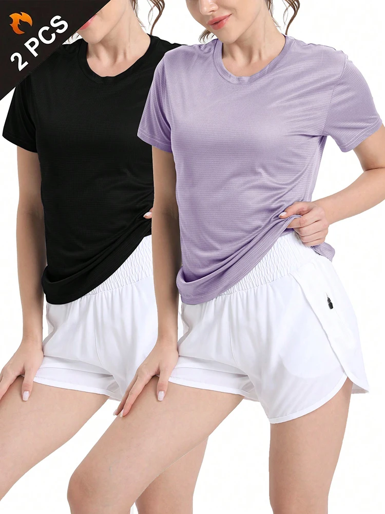 2Pcs Women\'s Solid Color Ultralight Quick Dry Sport T-Shirt, Breathable Lightweight Top For Fitness Training Workout Running Gym