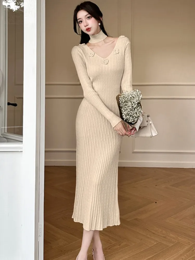 Autumn Winter Floral Knitted Dresses for Women V-Neck Long Sleeve Korean Fashion Bodycon Casual Solid Dress Slim Vestidos Mujer