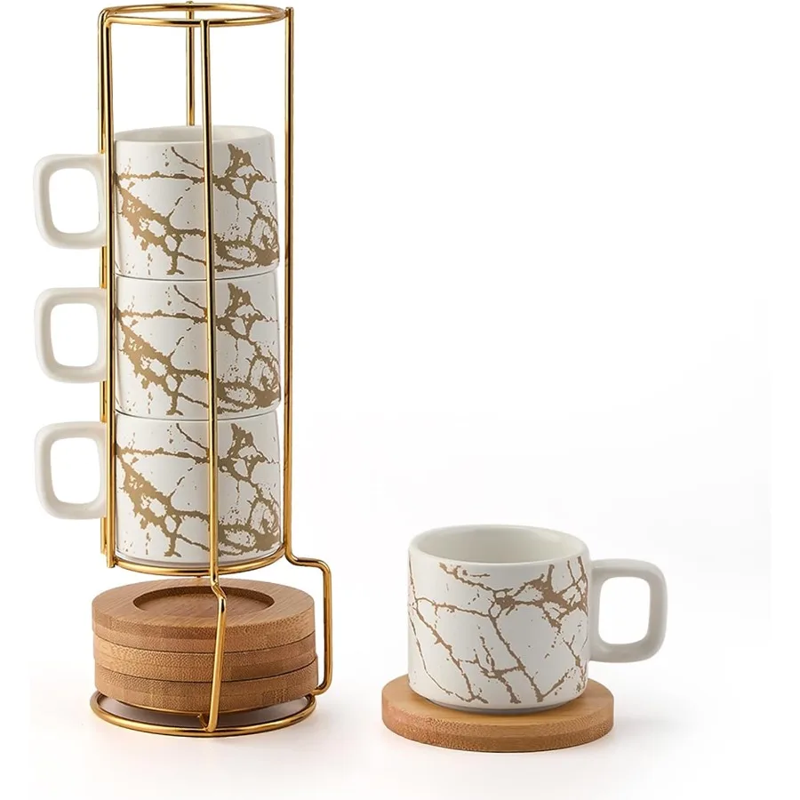 

Stackable Porcelain Espresso Cup with Saucer and Metal Stand for Latte Coffee Mocha Tea 4 Ounce Ceramic Demitasse Mugs Set Set