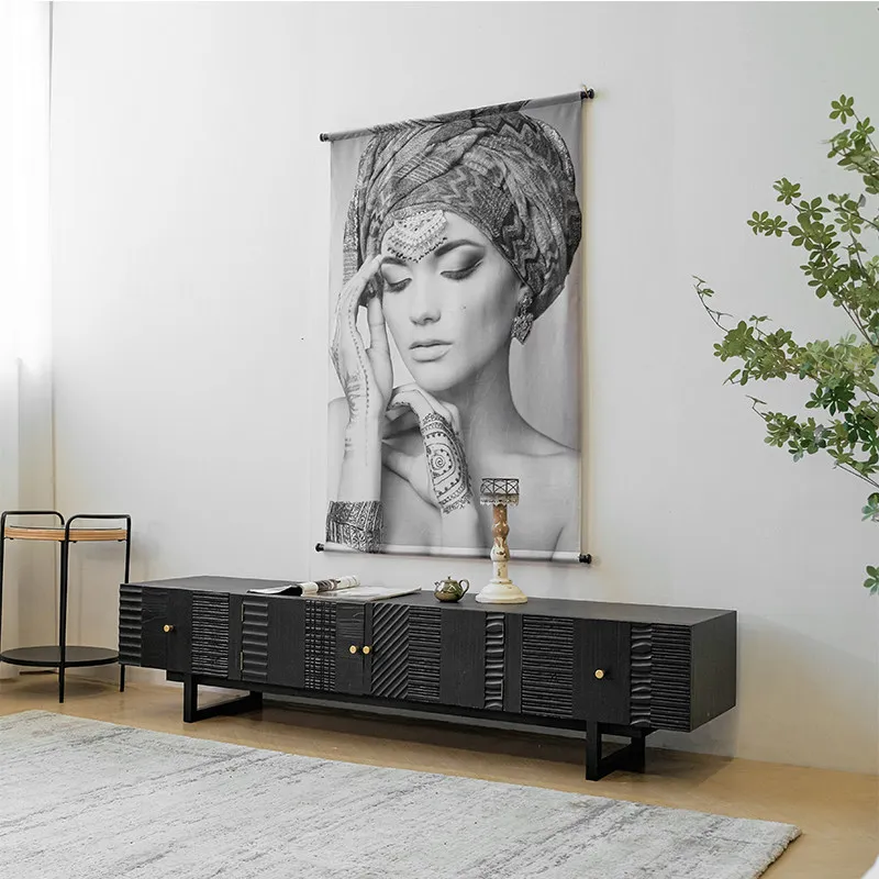 Nordic Solid Wood Retro TV Cabinet Living Room Carved Floor Cabinet Simple European Light Luxury Black Square