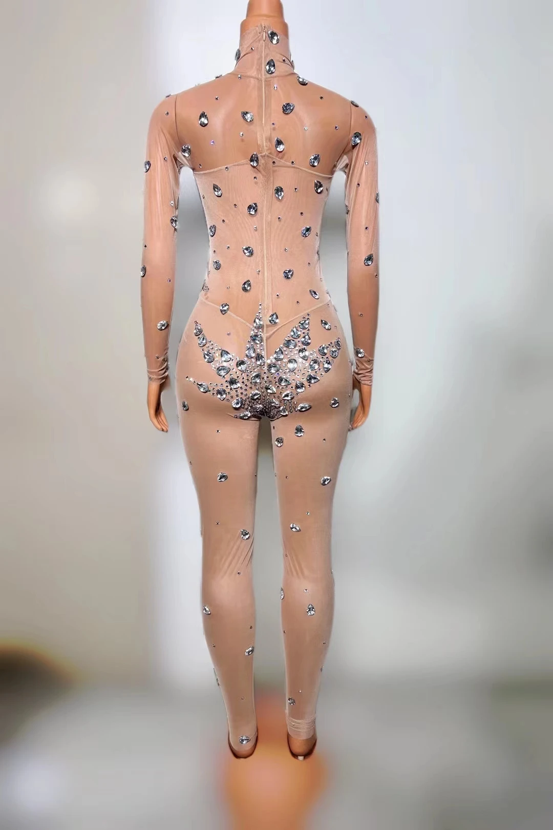 Sparkly Rhinestone Sheer Nude Mesh Jumpsuit Women Sexy See Through Jumpsuit Stage Birthday Party Dance Showgirl Glitter Jumpsuit