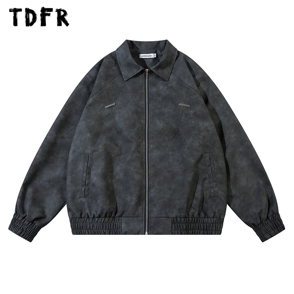 Retro Spliced Leather Jacket Mens Autumn Winter Casual Streetwear Lapel Long Sleeve Zipper Fly Outerwear Men