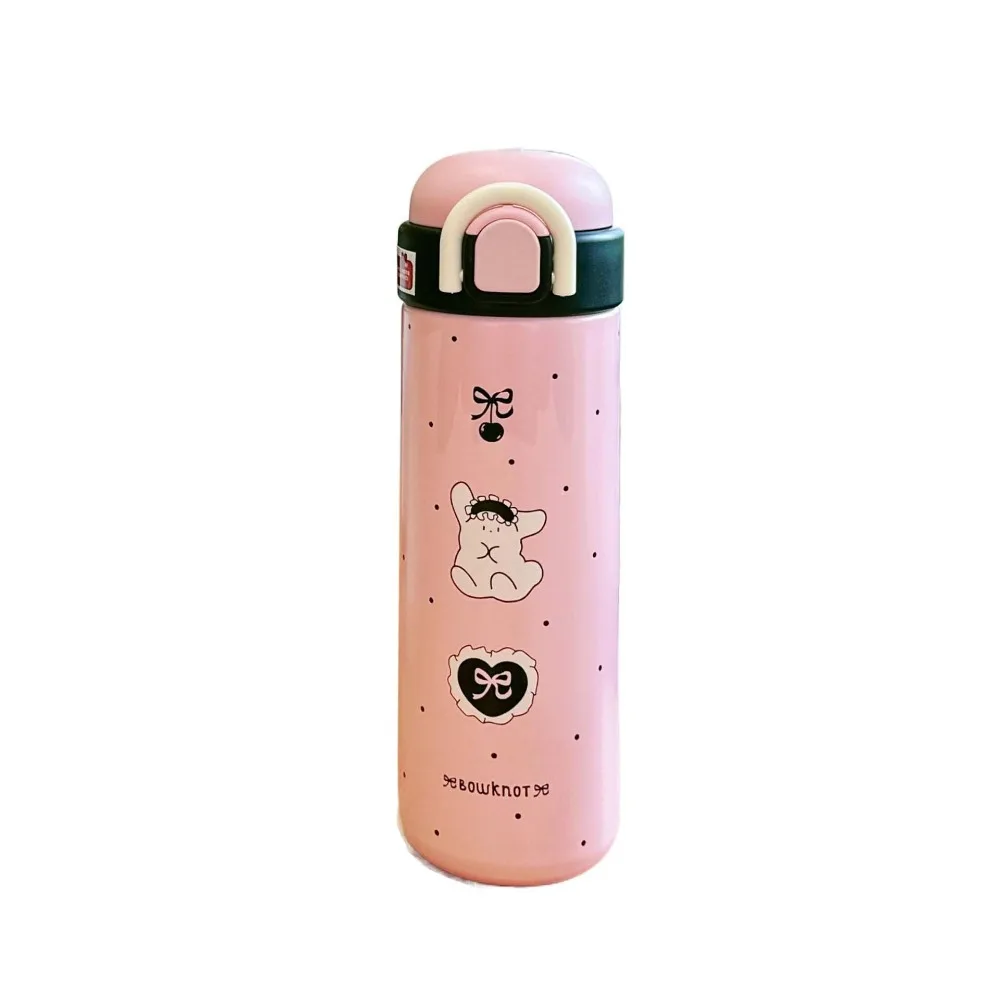 

Bounce Lid Pink Black Thermos Bottle Stainless Steel Foldable Ring Handle Thermal Water Bottle Korean Sealed Thermos Cup Student