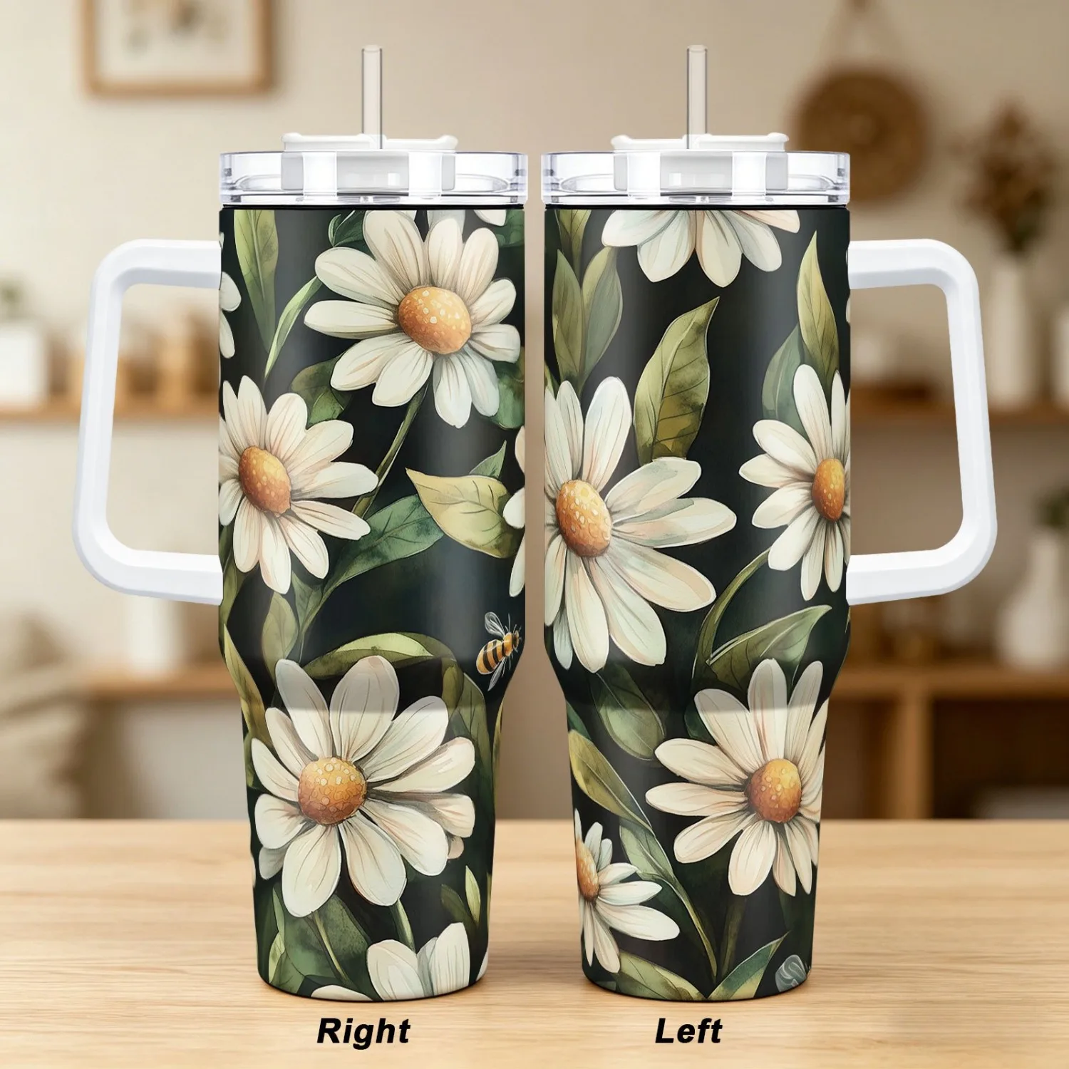 1pc 40oz, Thermos Cup and Mug, Lid Straw Multi-color Handle Design, Small Daisy and Bee Pattern, Suitable for Home, Restaurant, Outdoor Sports, Car, Multi-purpose Water Bottle, Ideal Gift Choice for Her/him, Christmas, Halloween, Valentine's Day