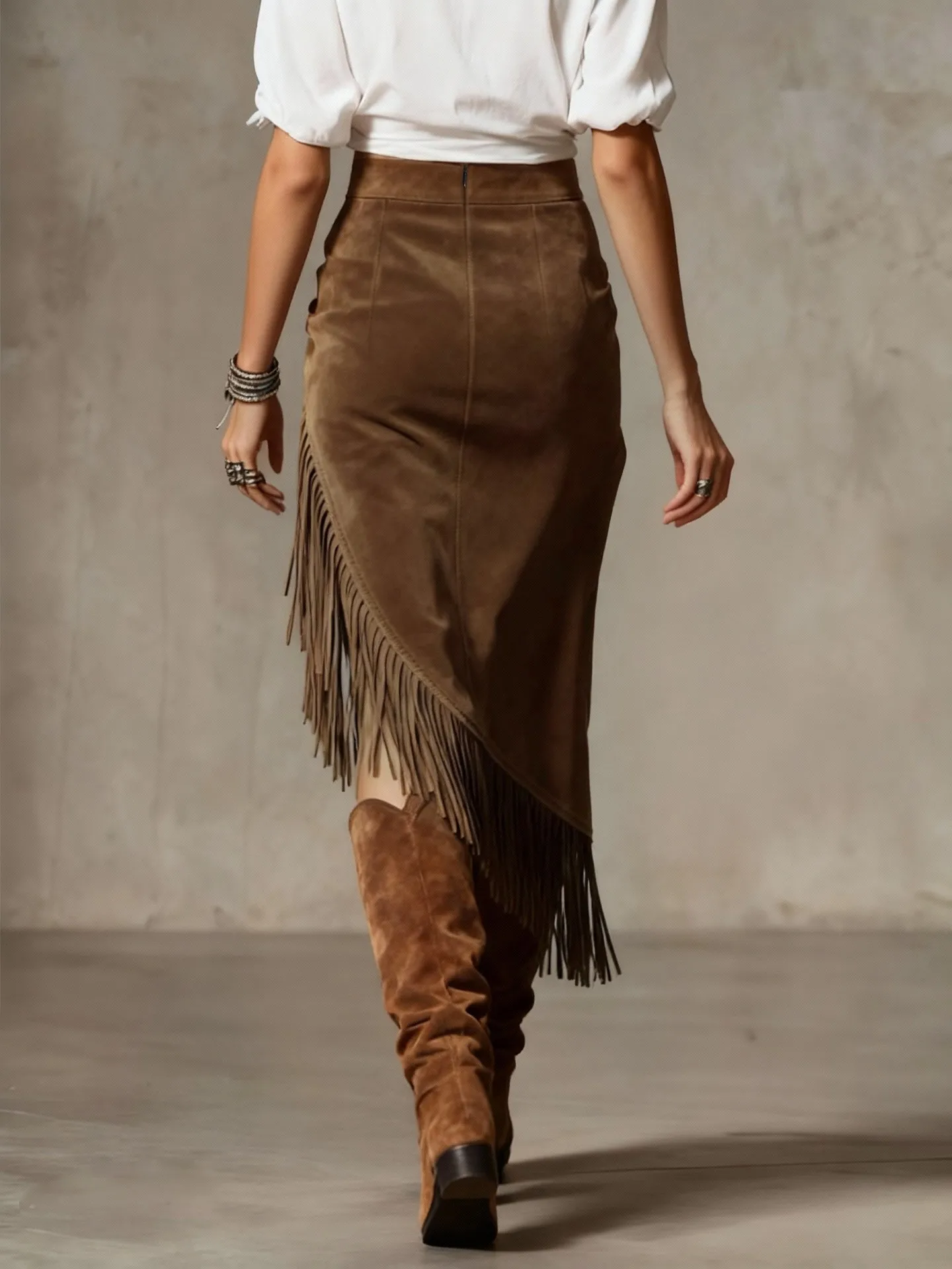 

Women's Retro Western Fringe Skirt Asymmetrical Suede Skirt High Waist Polyester Fiber Zipper Closure Bodycon Style