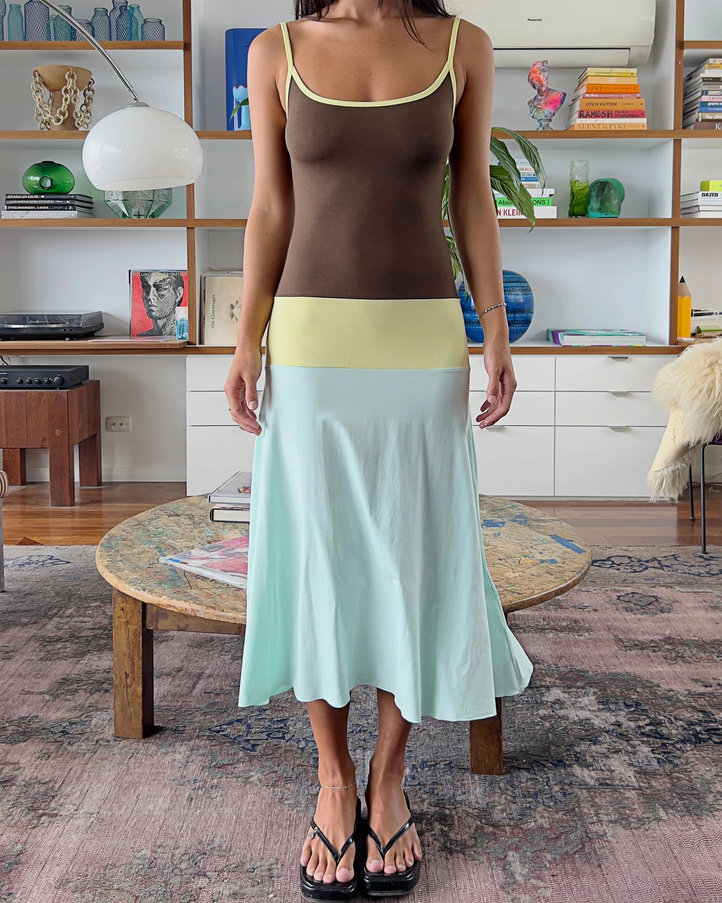 Absobe Women Color Block Cami Long Dress Spaghetti Strap High Waist A Line Swing Maxi Dress Summer Vacation Beach Casual Outfit
