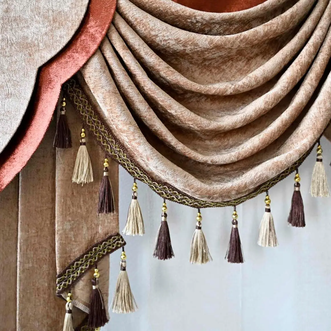 Luxury Brown Coffee Valance Waterfall Swag with Tassels for Living Room Bedroom Windows Blackout Curtain Valance European