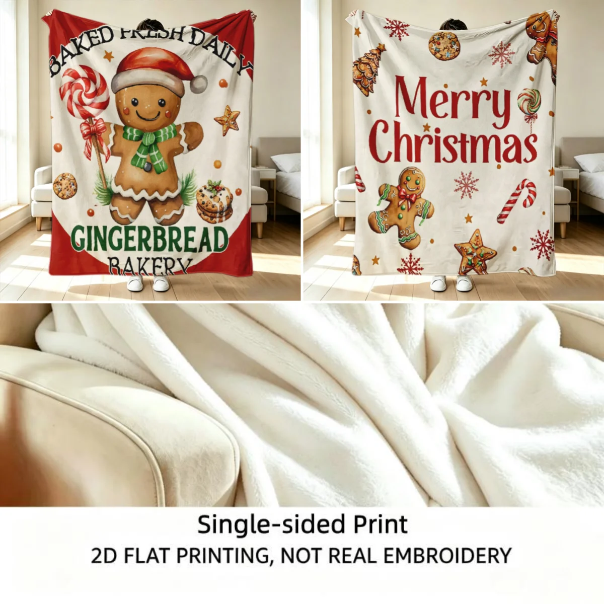 Christmas Gingerbread Man Candy Print Flannel Throw Blanket, Distinctive 2D Flat Single-Sided Printed Holiday Blanket