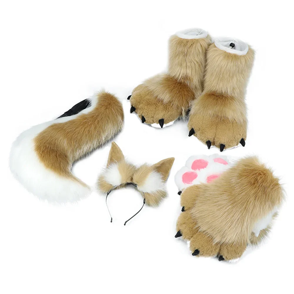 Fursuit Cosplay Costume Plush Animal Paw Socks Cosplay Props Cute Cat Paw Animal Claw Fingerless Gloves Headgear Shoes Tail Set