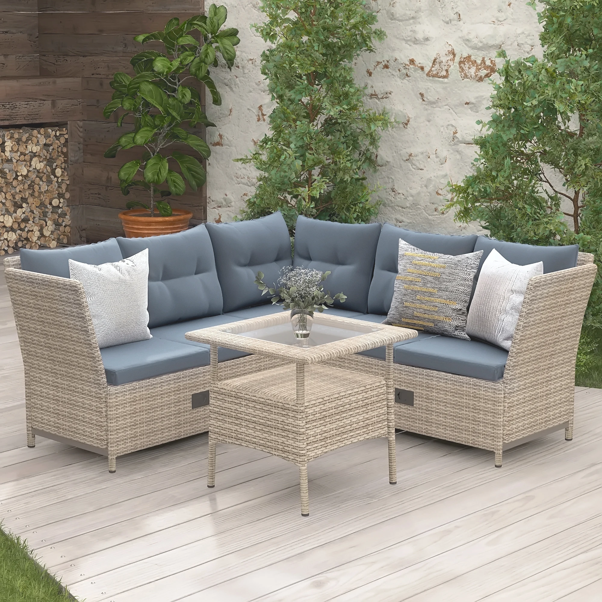 

Outdoor Patio 4-Piece All Weather PE Wicker Rattan Sofa Outdoor Furniture Set with Adjustable Backs for Backyard, Poolside, Gray