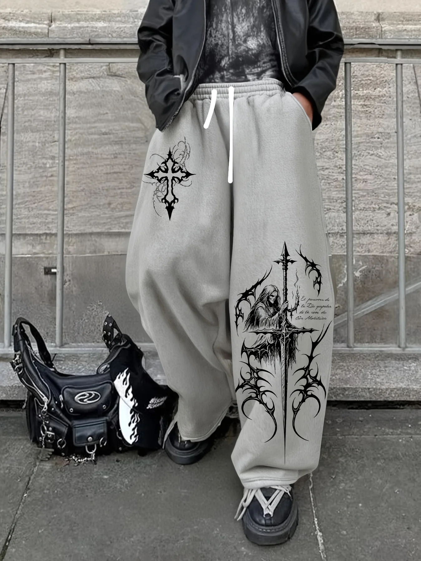 2026 New Model Men Gothic Vertical Graphic Wide Leg Sweatpants Drawstring Loose Straight Baggy Y2K Dark Punk Streetwear Pants.