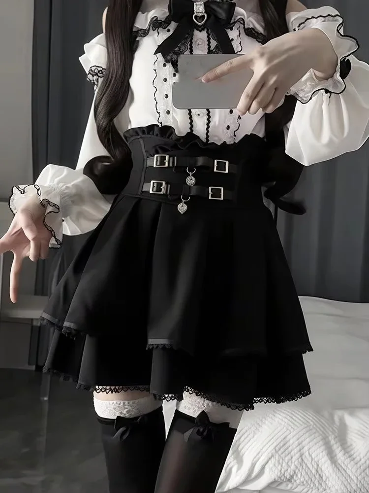 

Japanese Sweet Bow Lolita Long Sleeve Shirt Women+ Black High Waist A-line Skirts 2025 Early Autumn New Two Piece Sets