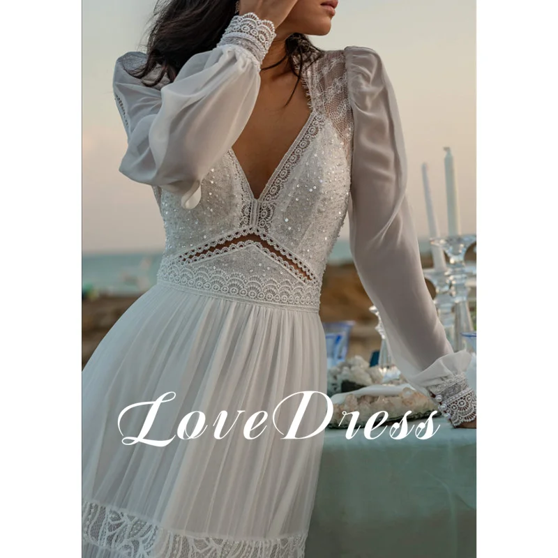 Praia chiffon mangas compridas vestidos de casamento rendas lantejoulas com decote em v elegante recorte ilusão até o chão vestidos de casamento personalizados