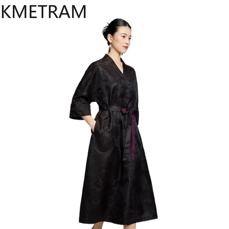

KMETRAM 100% Real Mulberry Silk Dress Xiangyun Sha Long Dresses 2026 Woman Clothes High-end Summer V-neck Frocks платье женское