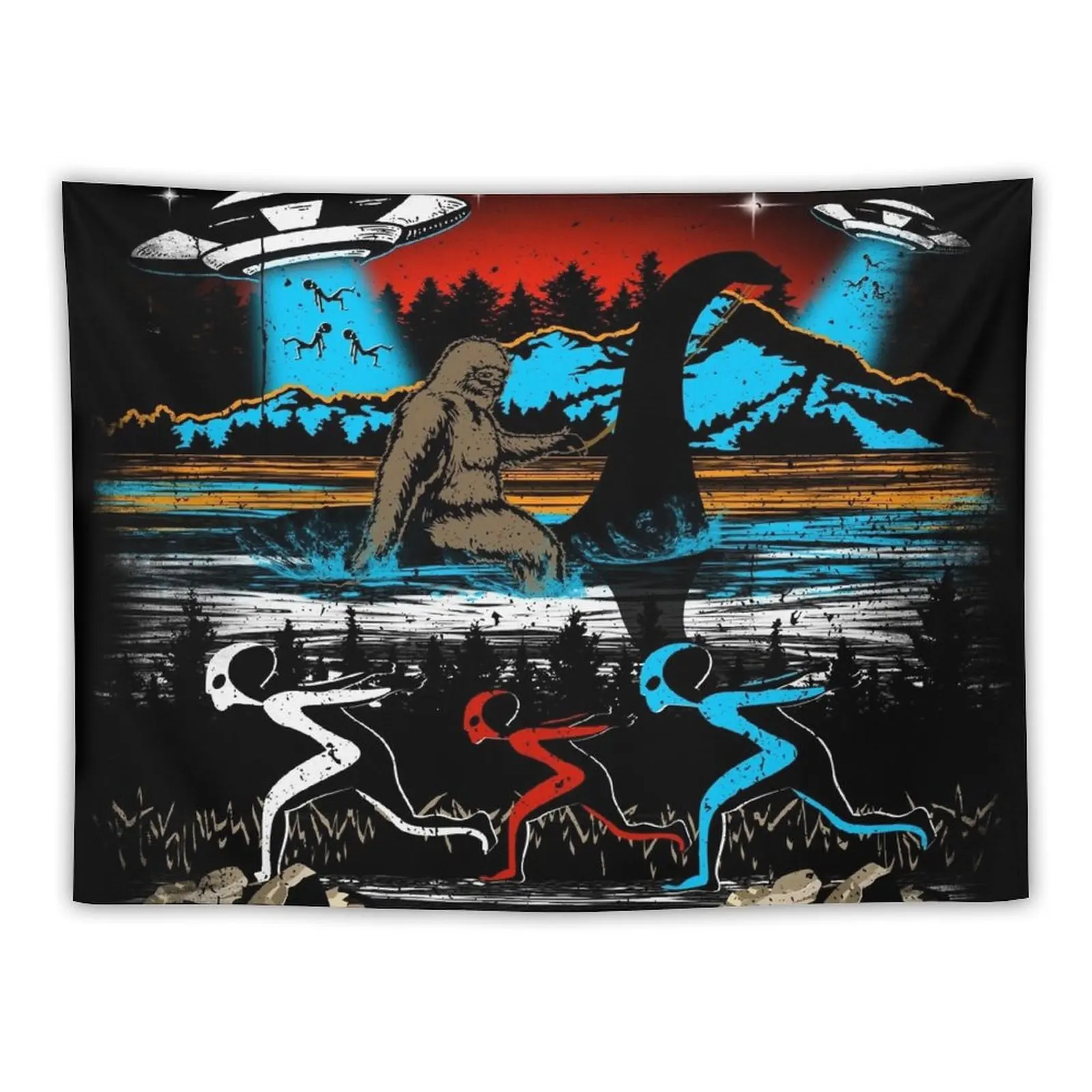 

Bigfoot ride Loch Ness Monster Sasquatch Alien running Ufo Graphic Vintage Sunset Tapestry House Decorations Tapestry