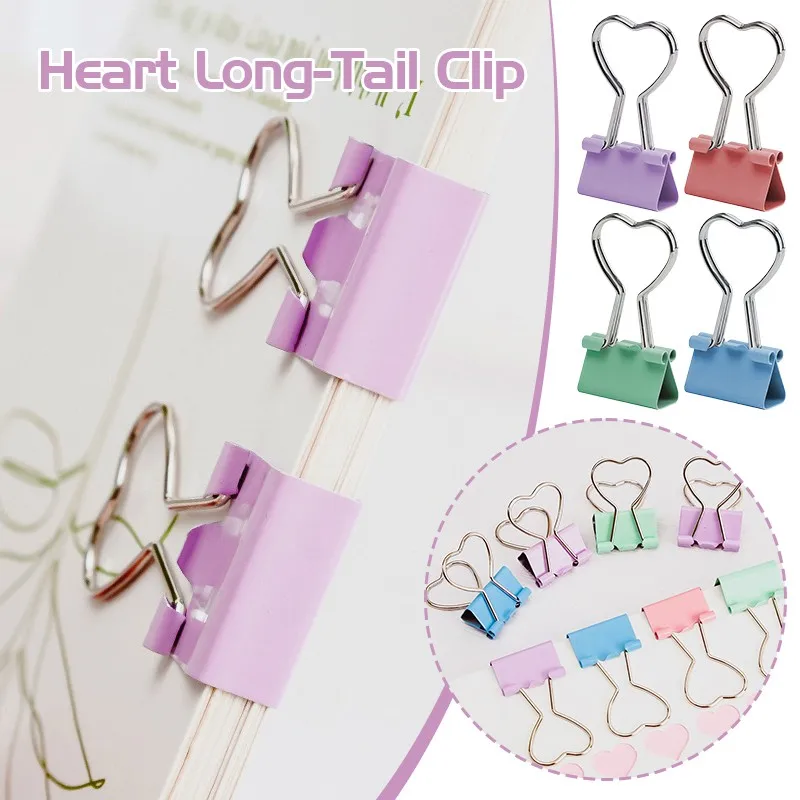 

10 шт., зажимы с длинным хвостом в форме сердца, зажимы для переплета, скрепки для бумаг, металлические зажимы для переплета, офисные школьные канцелярские принадлежности