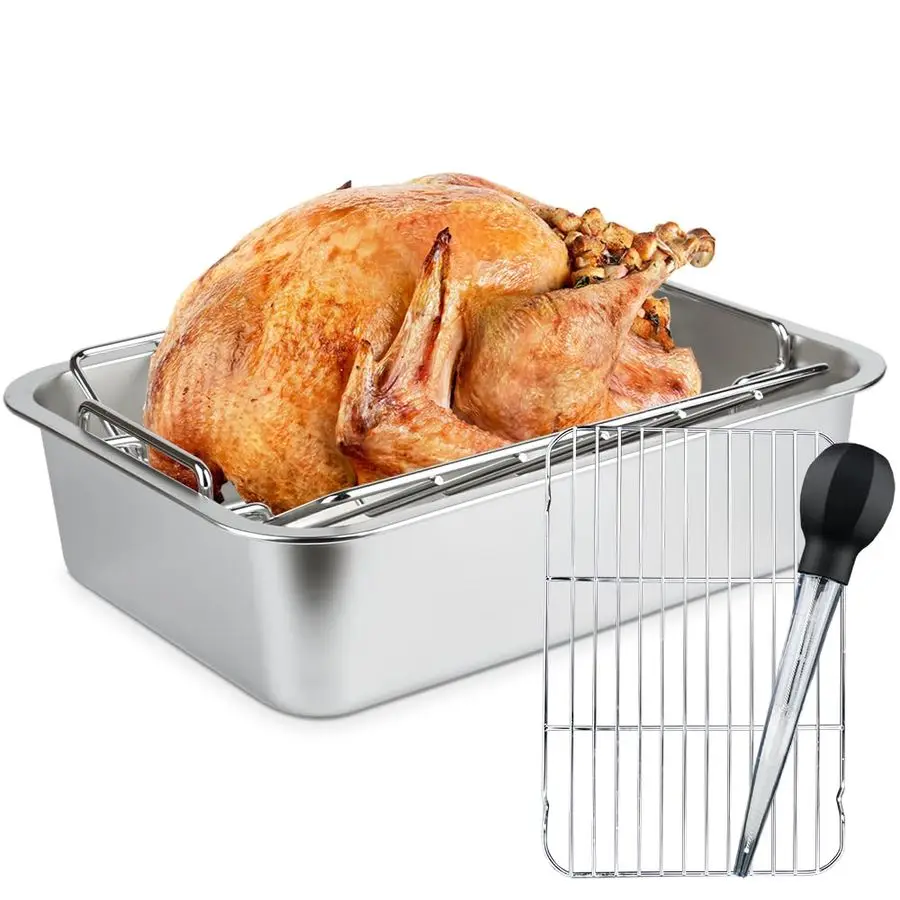 

Roaster Roasting V Rack,15.611.64 inch Stainless Steel Roasting Pan with 2 RackFlat Rack and Rib Rack for Smoker Smoking Dual Pu
