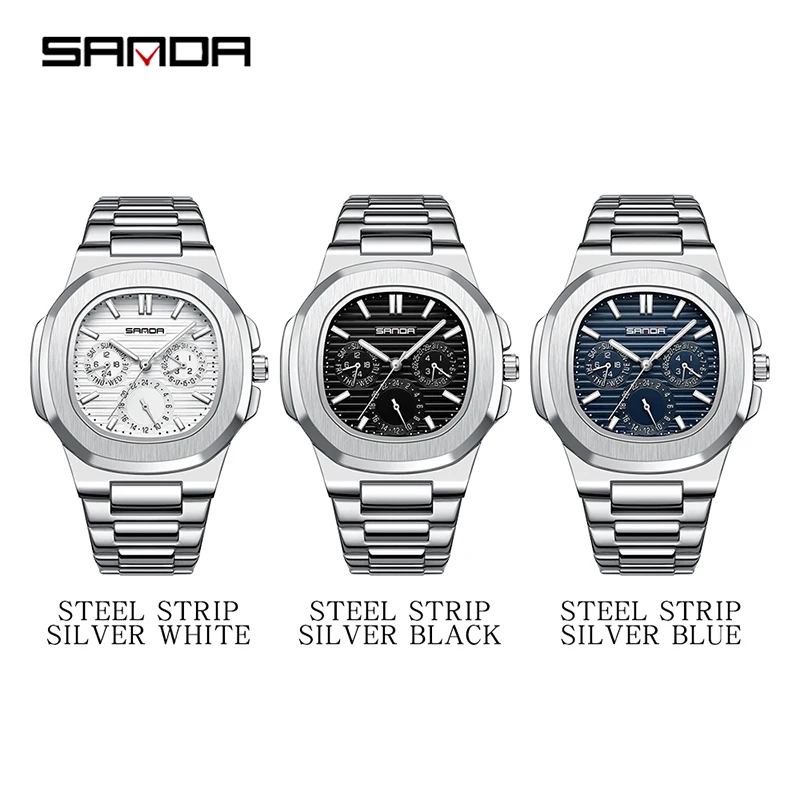 SANDA 7053 Luxury Watch Business Waterproof Male Clock Luminous Date Stainless Steel Square Quartz Men Wristwatches Reloj Hombre