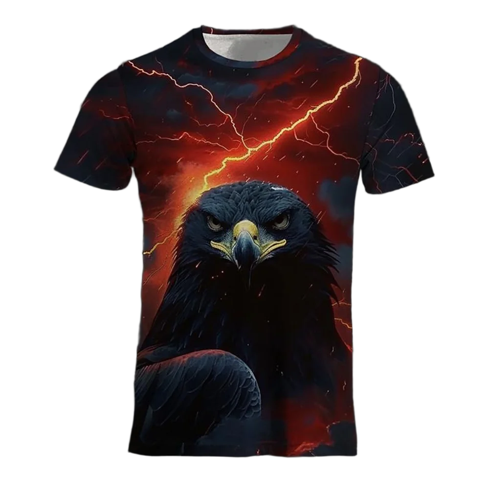 تي شيرت رجالي صيفي متعدد الاستخدامات مطبوع ثلاثي الأبعاد بلون نسر رائع ورقبة دائرية وأكمام قصيرة فضفاض ومريح على الموضة