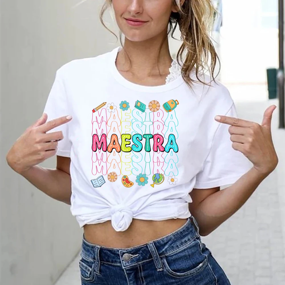 Spanish MARSTRA Print Girls Tee Tops Teacher Short Sleeve Round Neck T Shirt Fashion Teacher Clothes The Best Gifts To Teachers