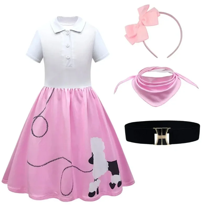 

50s 60s cute poodles cosplay dress kids cartoon flip collar button dress full set girl rode play costume Halloween Carnival part