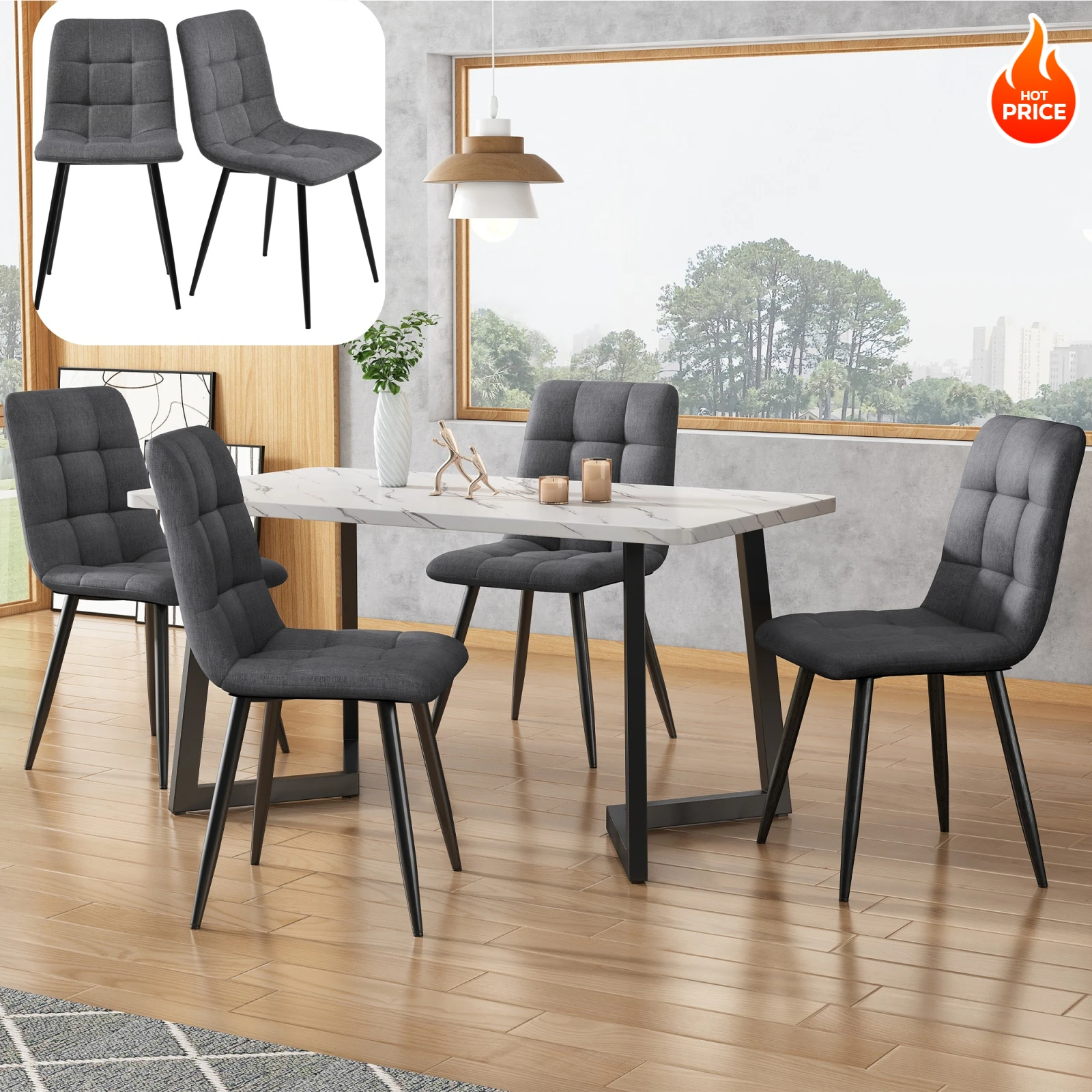 Anajqaqia Esszimmerstuhl-Set, 4er-Set, gepolsterter Sitz mit Rückenlehne für Esszimmer, Wohnzimmer und Küche, Leinen, Dunkelgrau