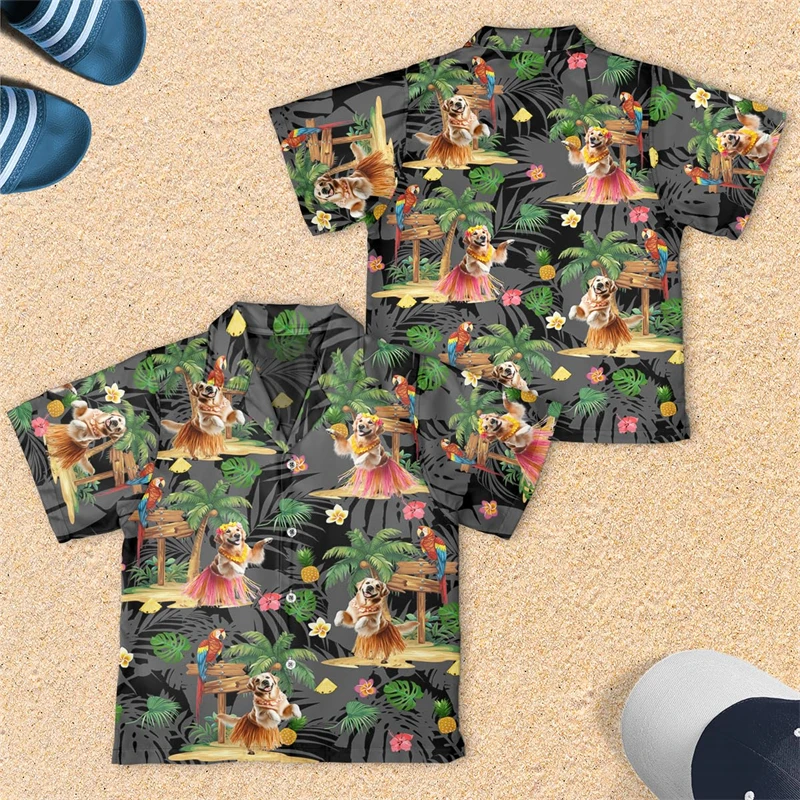 Cute Hula Dog Female Beach Shirt Chihuahua Rottweiler Kawaii Girl Short Sleeve Samoyed Shirts For Men Clothes Aloha Lapel Blouse