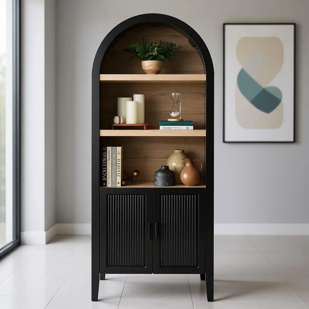 

Высокий арочный шкаф кладовой из черного дуба с дверцами, 5-ярусный стеллаж, шкаф для хранения вещей, шкафчик и книжный шкаф