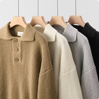 Men's Polo Collar Knitted Sweater Thickened Loose Pure Color Winter Fashion Lazy Style Japanese Retro Trendy Coat