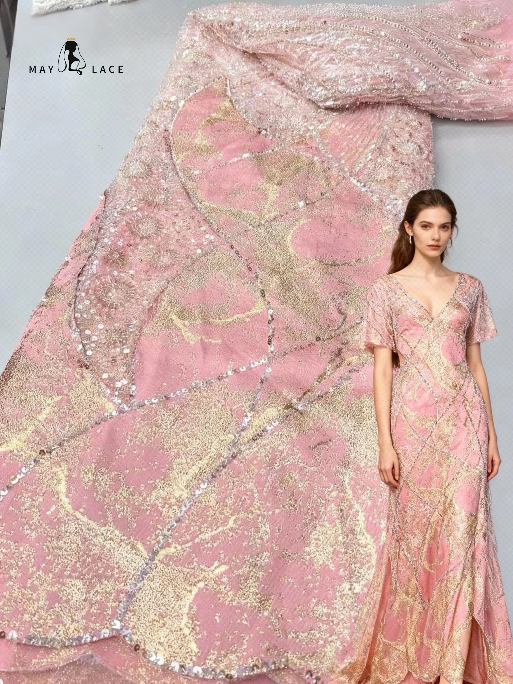 

African Sequins Lace Fabric 2026 High Quality Lace French Chiffon Tulle Lace Beaded Nigerian Lace Fabric For Woman Wedding Dress