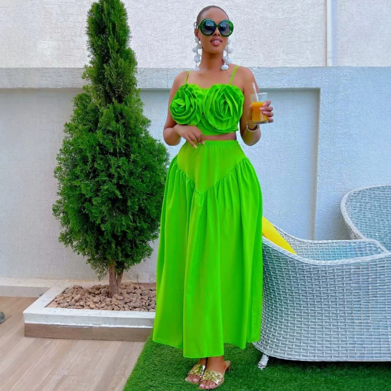 New African Fashion Women Summer Dress Set Sexy 3D Flower Spaghetti Strap Crop Top Vest And Skirt Set