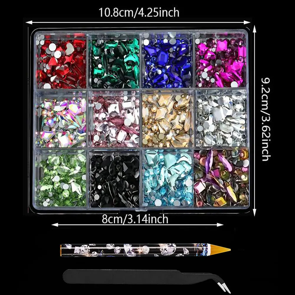 12グリッドクリアマルチシェイプネイルダイヤモンドジュエリーセット1500個+フラットバックガラスラウンドネイルラインストーンラグジュアリークリスタルネイルアートデコレーション