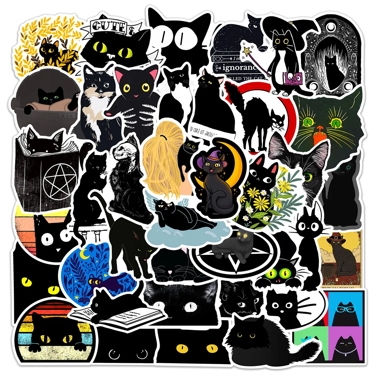 50 Stück Cartoon Niedliche Tier-Dunkelkatzen-Graffiti-Aufkleber für Laptop, Computer, DIY, Skateboard, Gepäck, Notizbuch, Wasserbecher