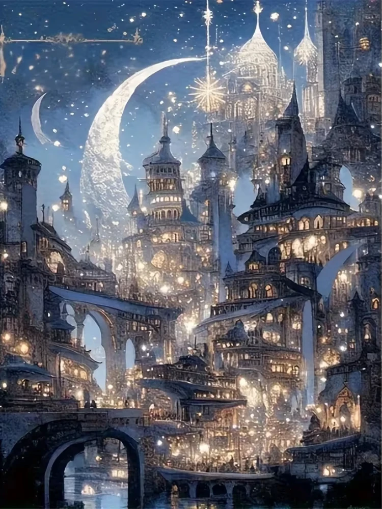 5D DIY Glitter Double Crescent Moon Fantasy Ice Castle Diamond Painting Snowy Starry Night City Home Wall Decor