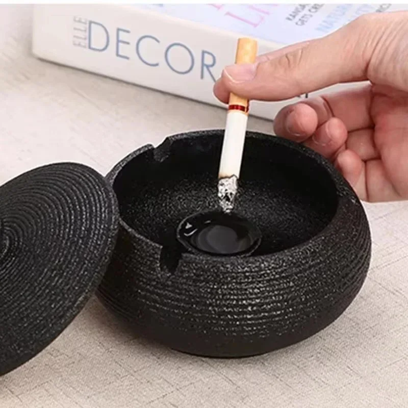 Black Cigarettes Ashtrays with Lid Windproof for Indoor Outdoor, Ceramic Ashtray Built in 3 Cigar Holders,Smoking Ash Tray